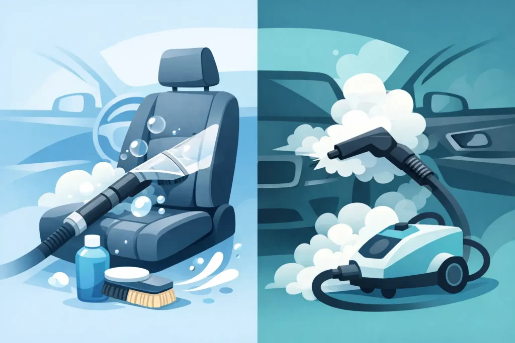 Tekstiilipesu vai höyrypuhdistus autoon | ZK-Detailing Tekstiilipesu vai höyrypuhdistus autoon?