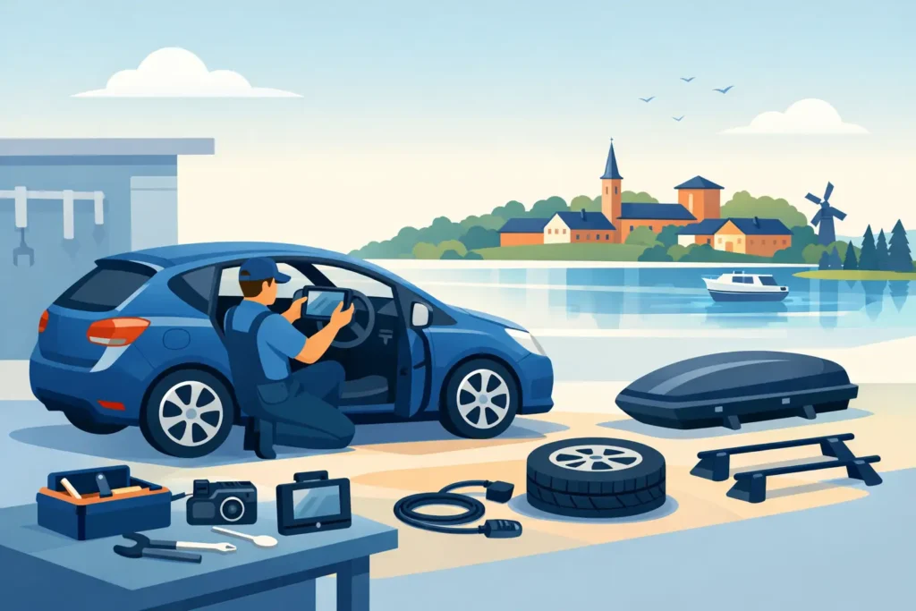 A mechanic in blue overalls works under an open blue car beside a toolkit and spare parts by a lakeside workshop with a distant town.”],