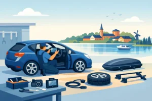 A mechanic in blue overalls works under an open blue car beside a toolkit and spare parts by a lakeside workshop with a distant town.”],